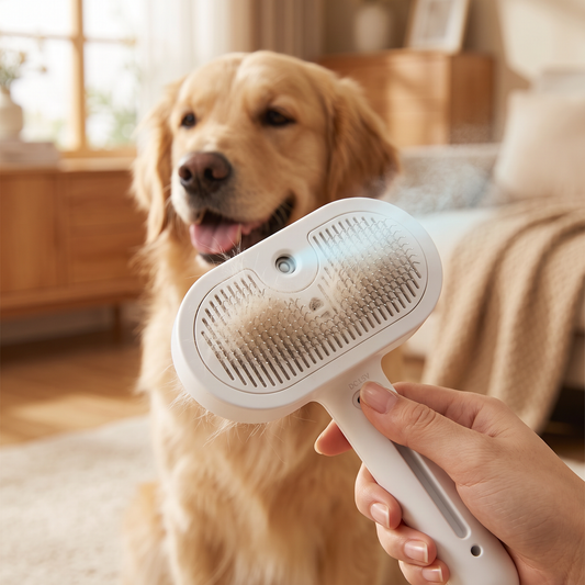 Hond wordt geborsteld met de STEAMBRUSH PRO, close-up op de borstel