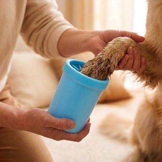 Hand houdt de PAWFRESH poot-reiniger van onderen vast terwijl een modderige hondenpoot wordt schoongemaakt