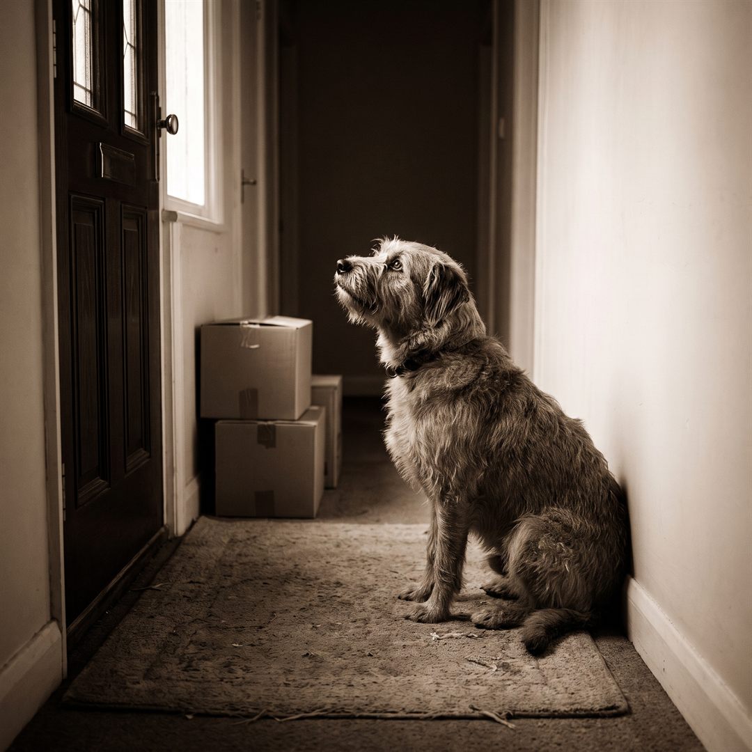Hond zit alleen bij de voordeur te wachten