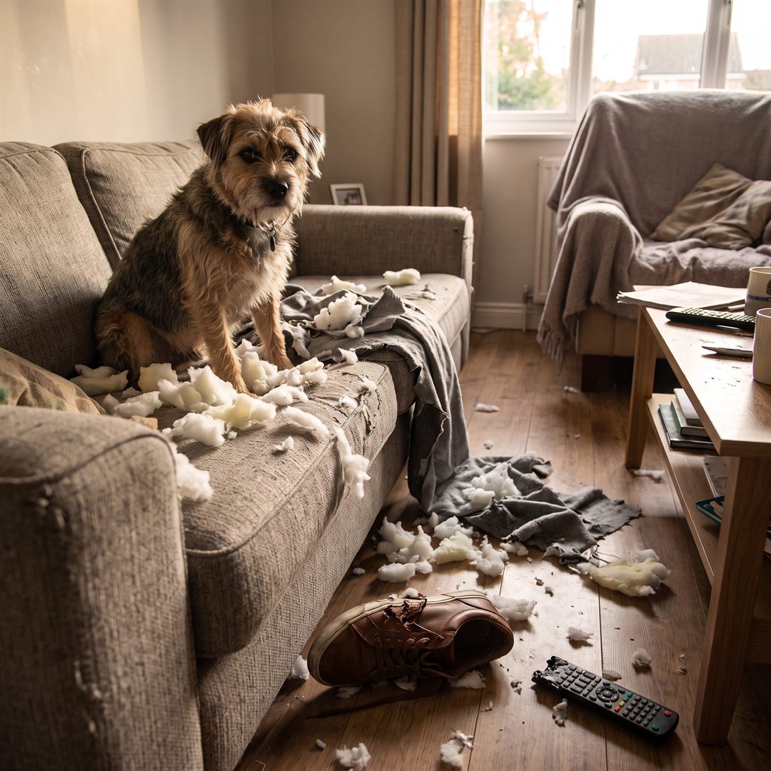 Hond heeft de bank en een schoen kapotgekauwd