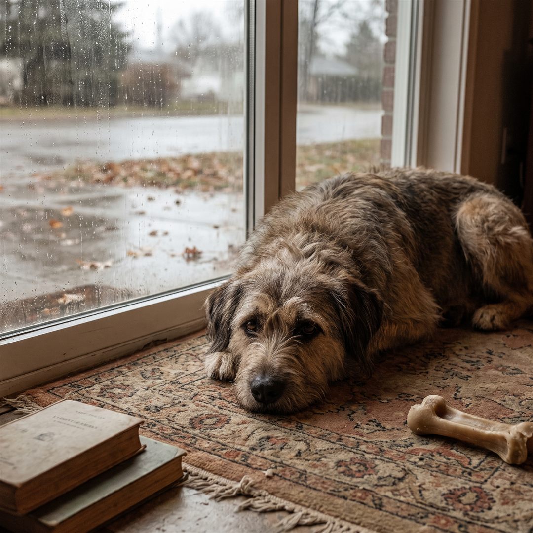 Verveelde hond ligt lusteloos bij het raam