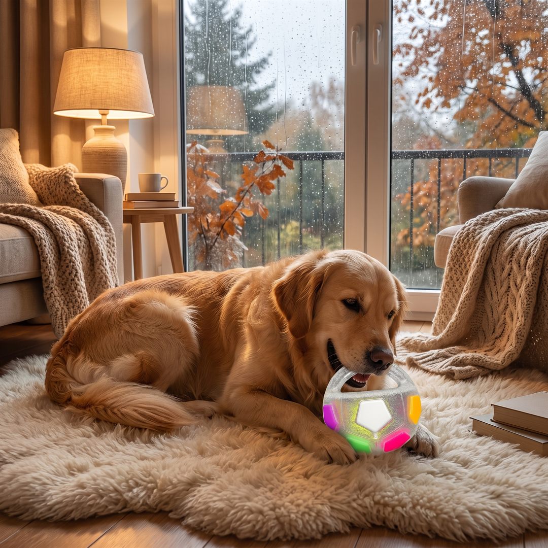 Hond speelt binnen met de bal op een grijze regendag