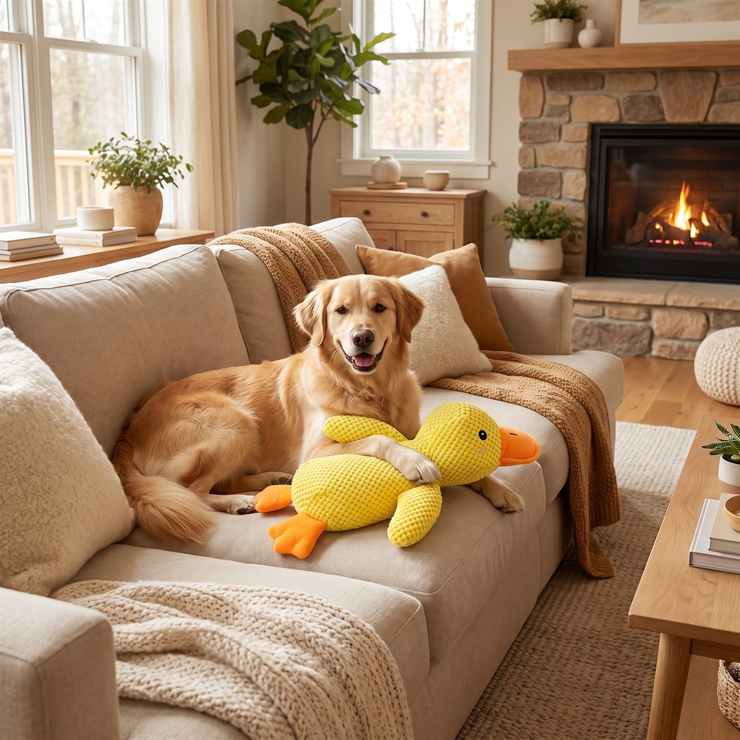 Rustige hond knuffelt met de anti-stress eend op de bank