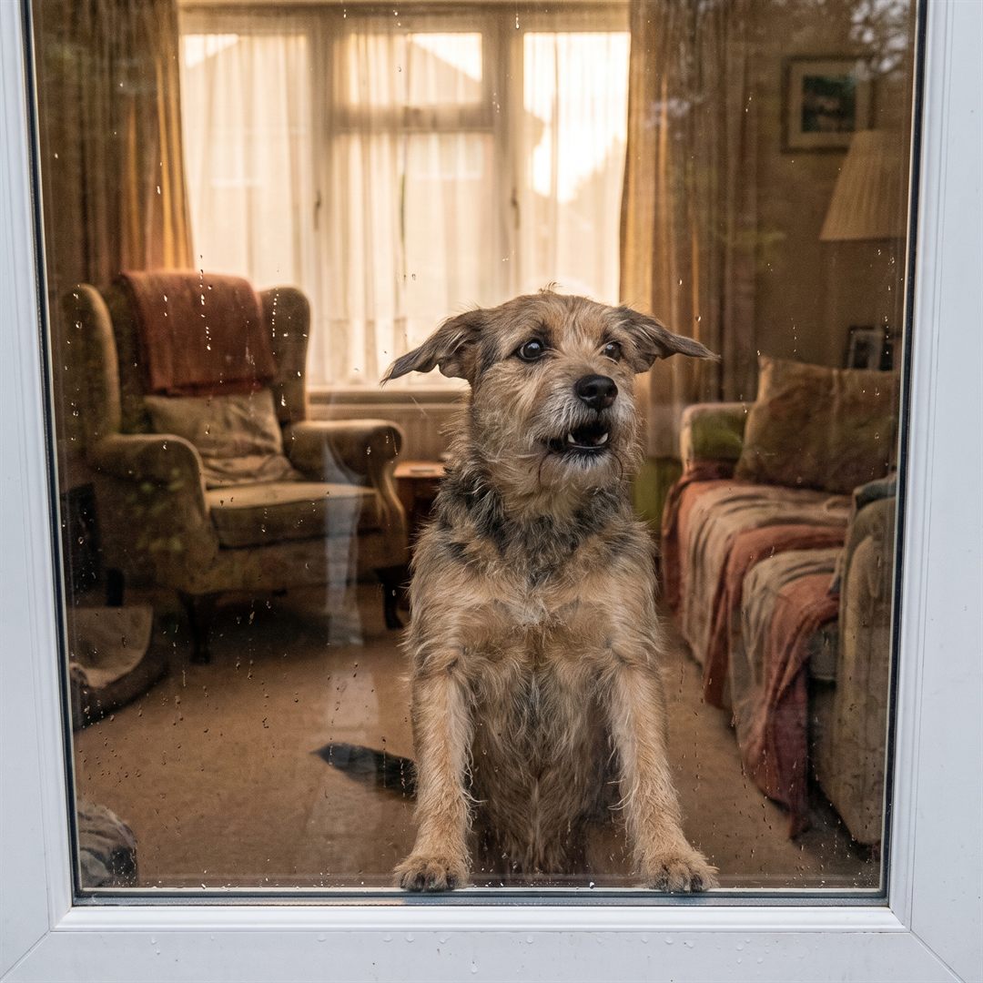 Hond blaft bij het raam
