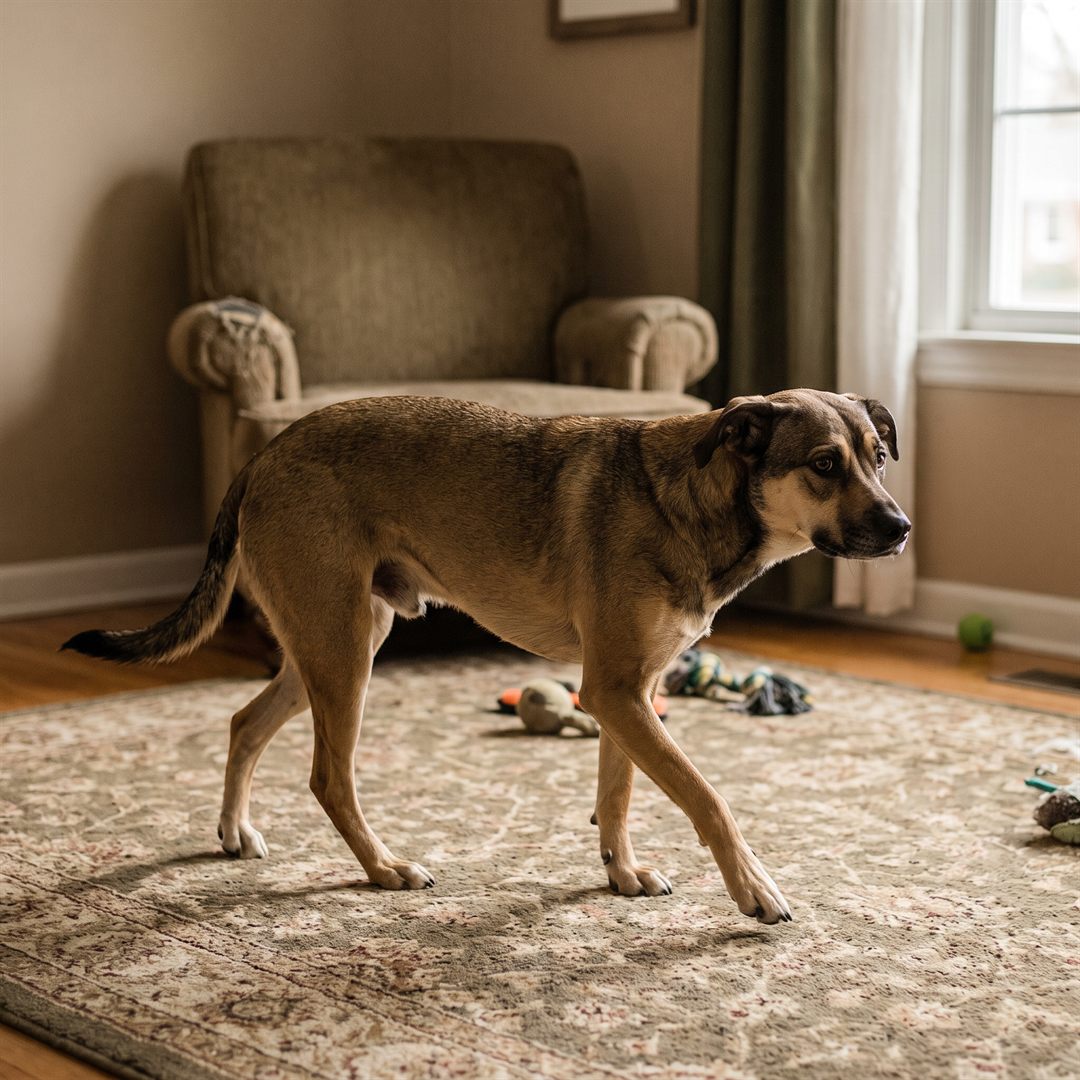 Onrustige hond ijsbeert door de kamer
