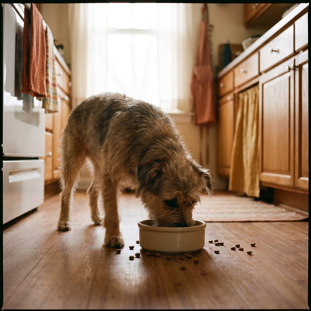 Hond schrokt zijn eten
