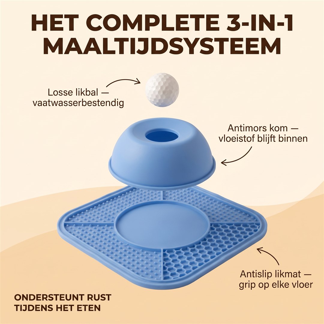 Het complete 3-in-1 maaltijdsysteem: likbal, kom en likmat