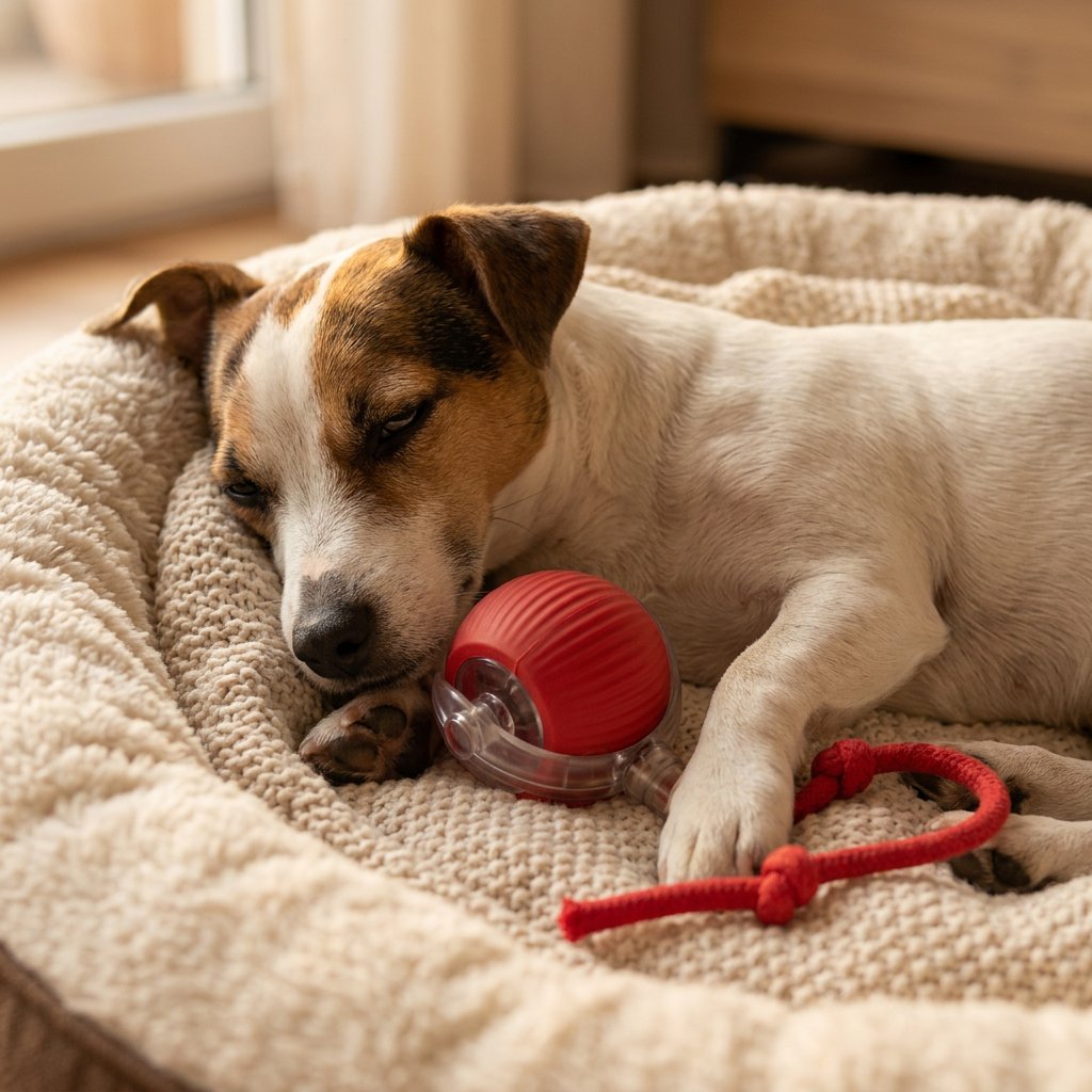 Moe en tevreden hond ligt met de bal in zijn mand