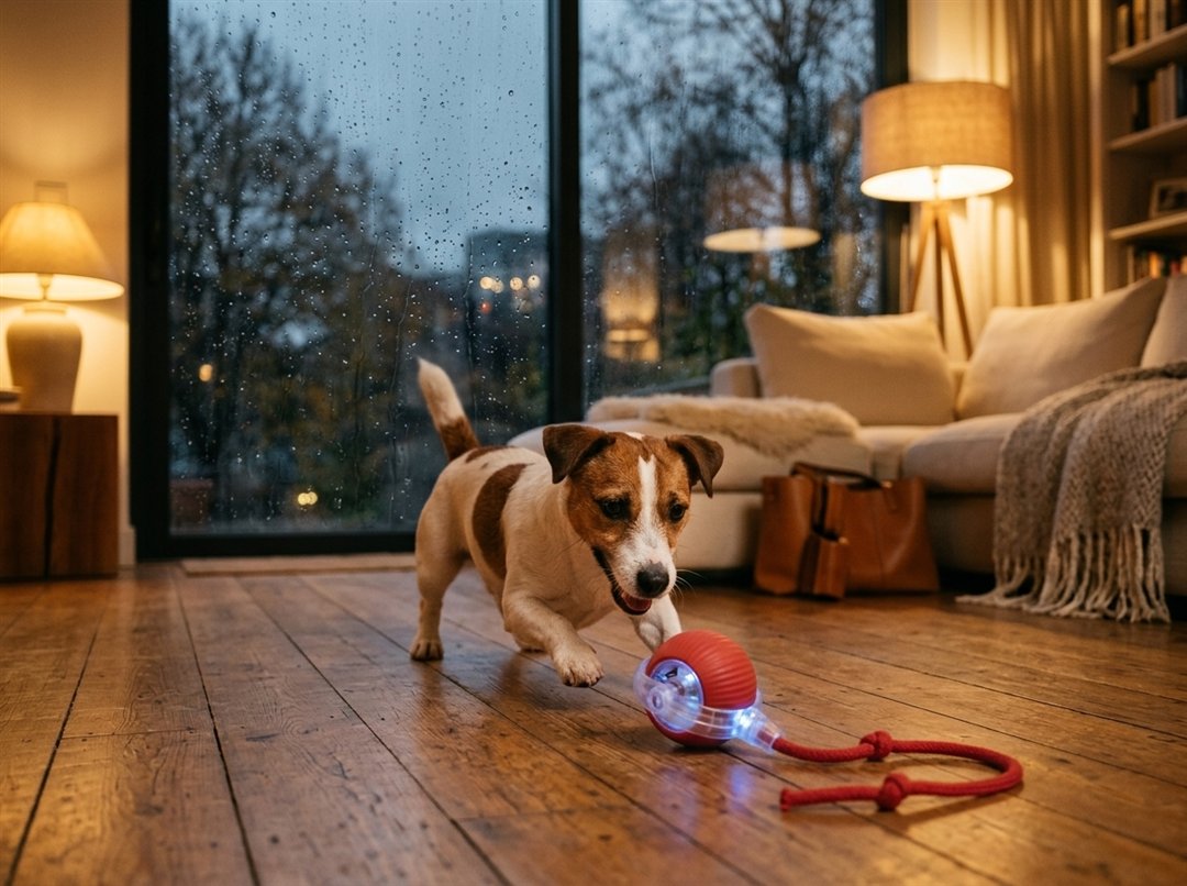 Hond speelt binnen met de bal terwijl het buiten regent