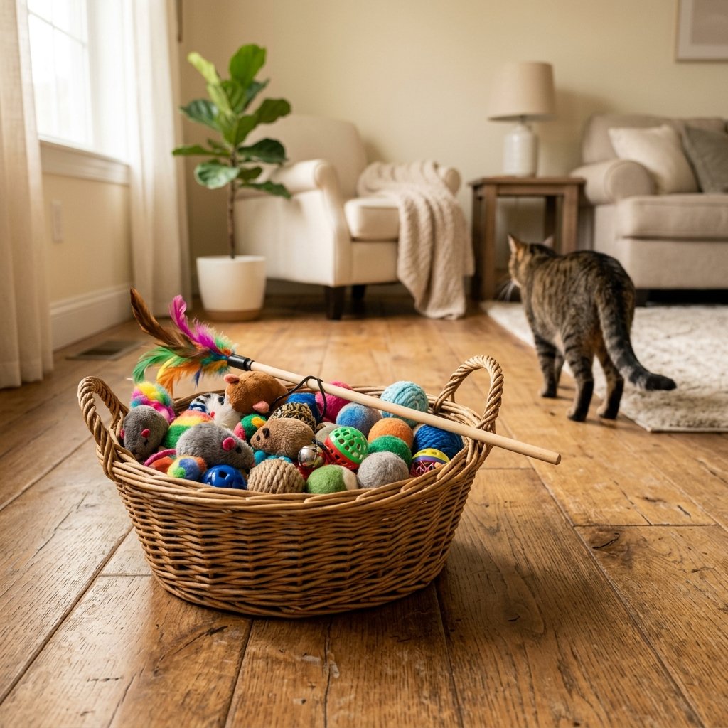 Mand met speelgoed waar de kat niet naar omkijkt