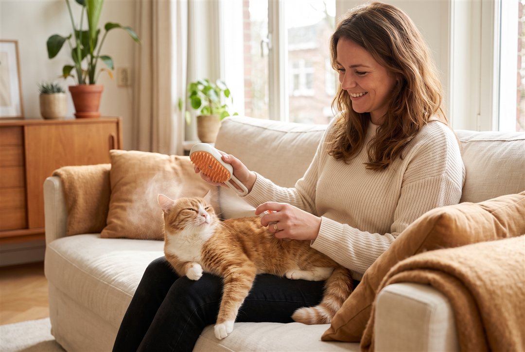 Kat wordt rustig geborsteld met de PawSpa