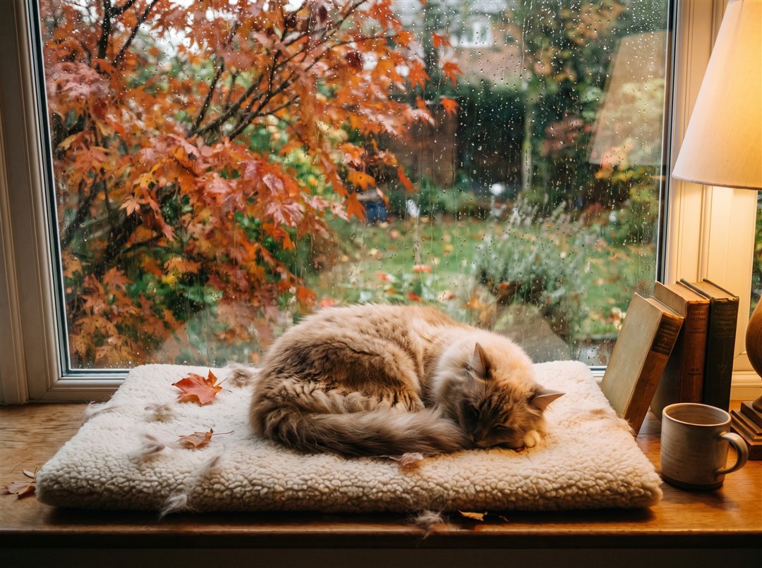 Kat ligt in de herfst bij het raam