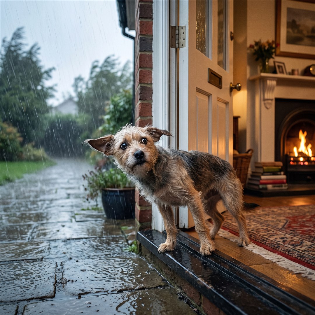 Hond wil niet naar buiten in de regen