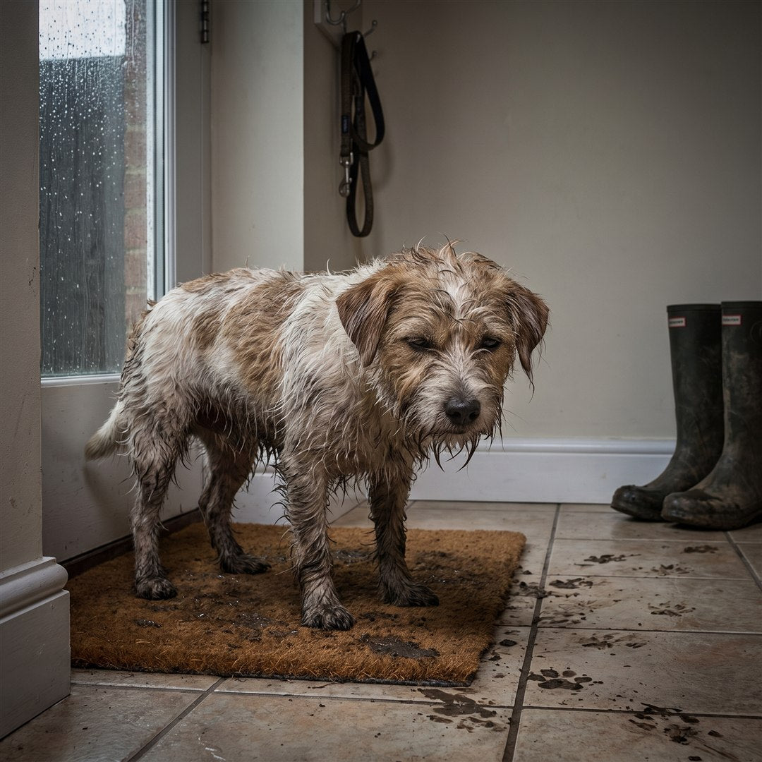 Natte, modderige hond na de wandeling
