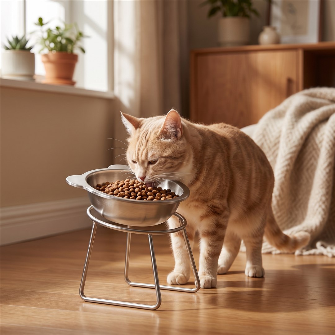 Kat eet ontspannen uit de verhoogde voerbak