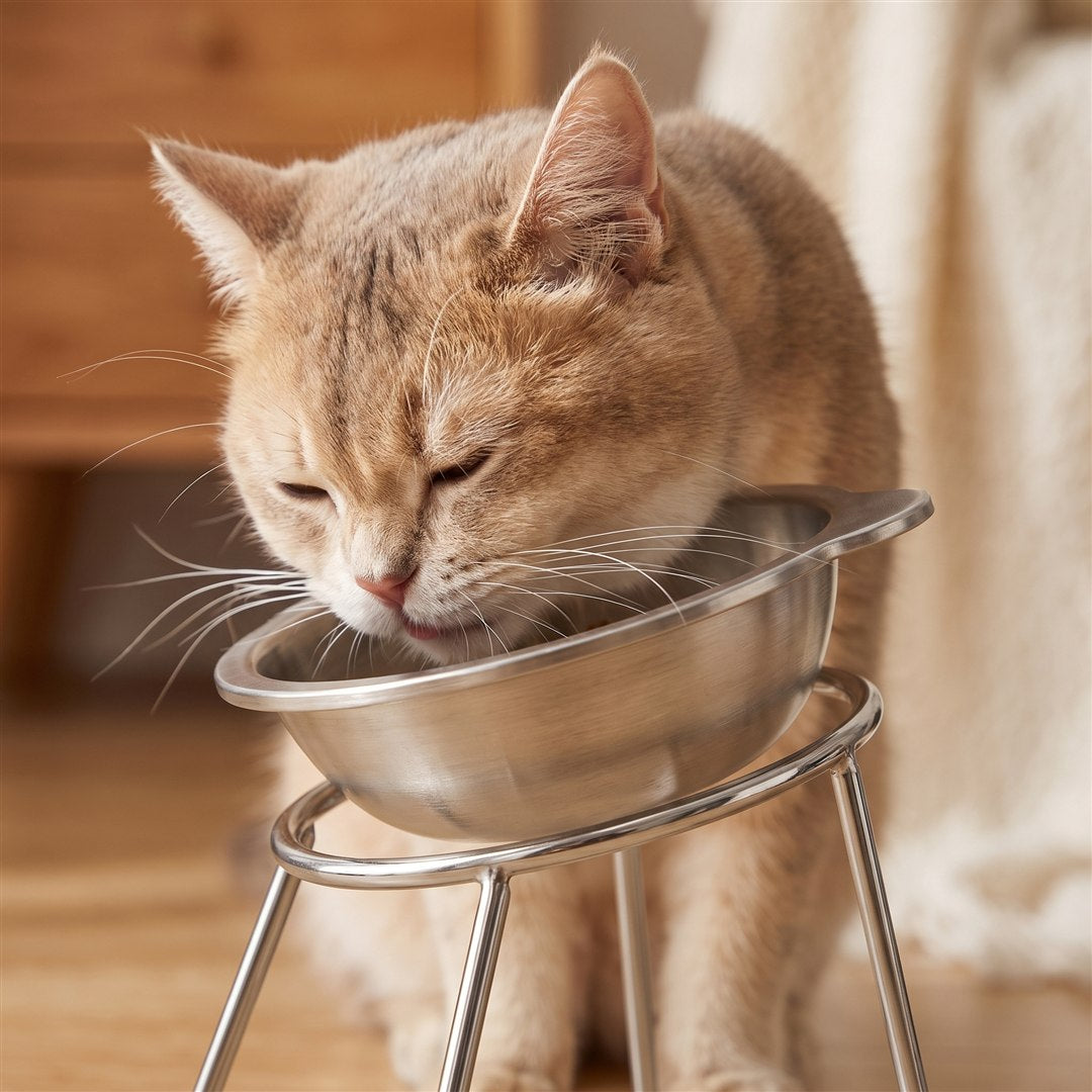 Kat eet uit de brede, ondiepe RVS-bak