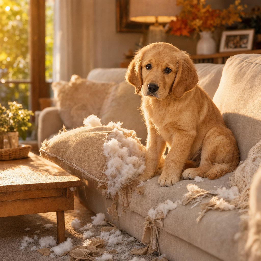 Hond naast een kapot kussen
