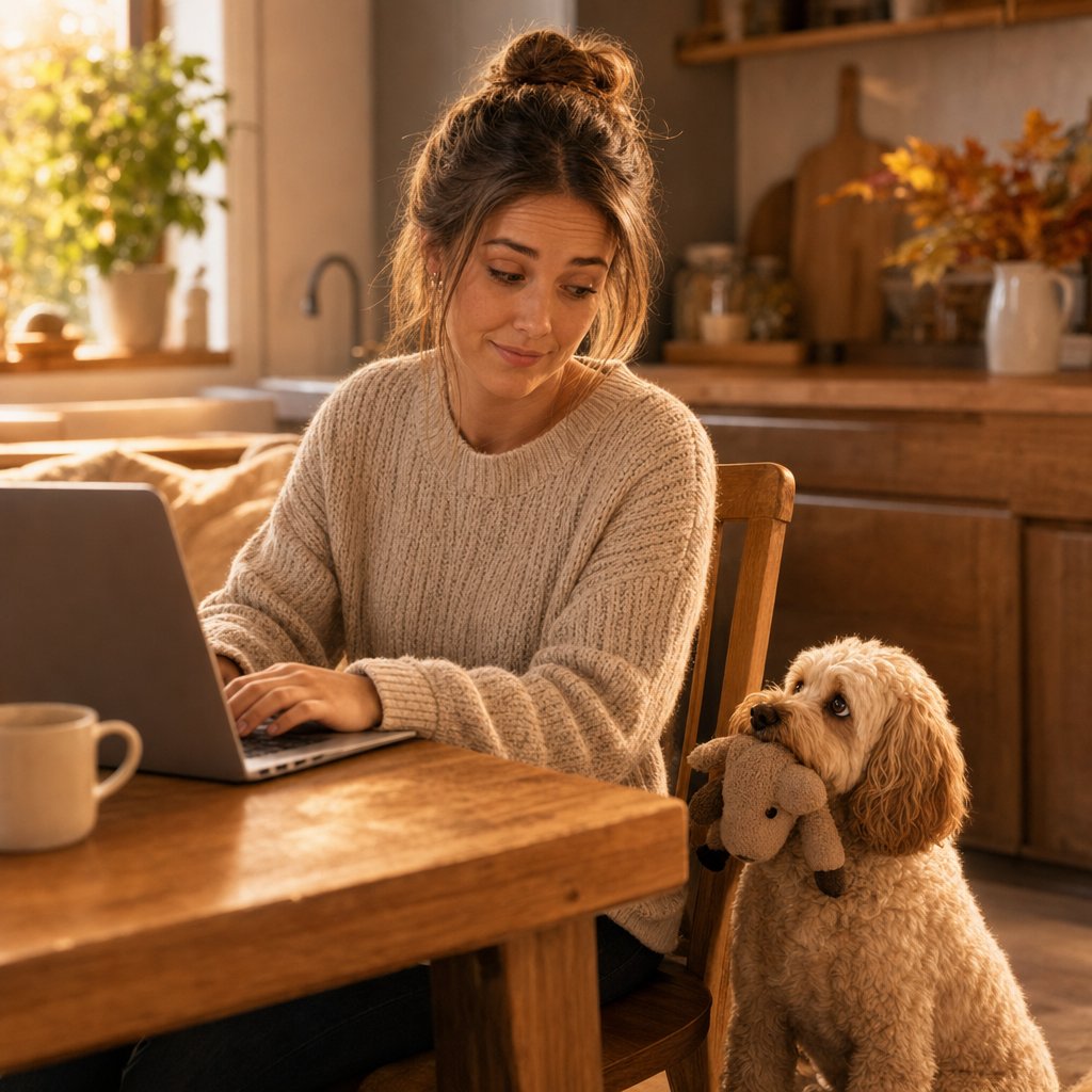 Baasje werkt, hond wacht op aandacht
